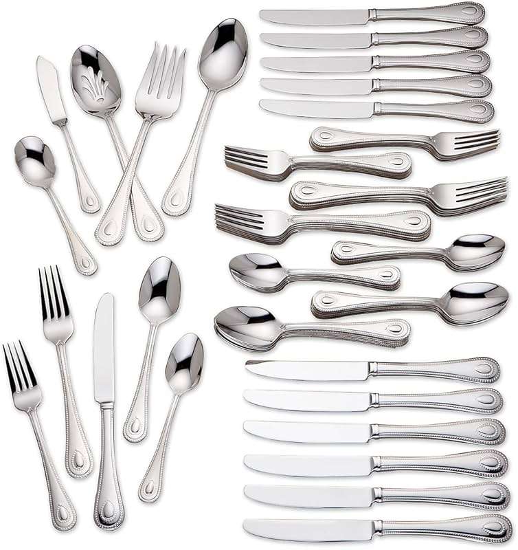 Lenox Silverware Set For 12, French Perle 65-Piece Flatware Set with Serving Utensils, Service For 12, Elegant 18/10 Stainless Steel Utensils with Beading, Knives Spoons & Forks (Silver, 65 Piece) - Image 1