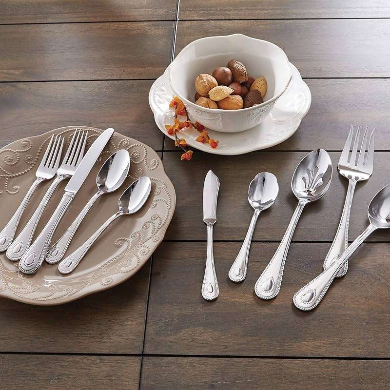 Lenox Silverware Set For 12, French Perle 65-Piece Flatware Set with Serving Utensils, Service For 12, Elegant 18/10 Stainless Steel Utensils with Beading, Knives Spoons & Forks (Silver, 65 Piece) - Image 2
