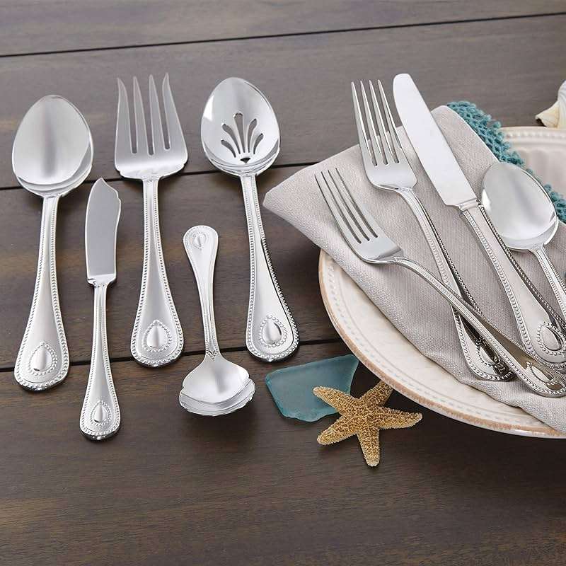 Lenox Silverware Set For 12, French Perle 65-Piece Flatware Set with Serving Utensils, Service For 12, Elegant 18/10 Stainless Steel Utensils with Beading, Knives Spoons & Forks (Silver, 65 Piece) - Image 12