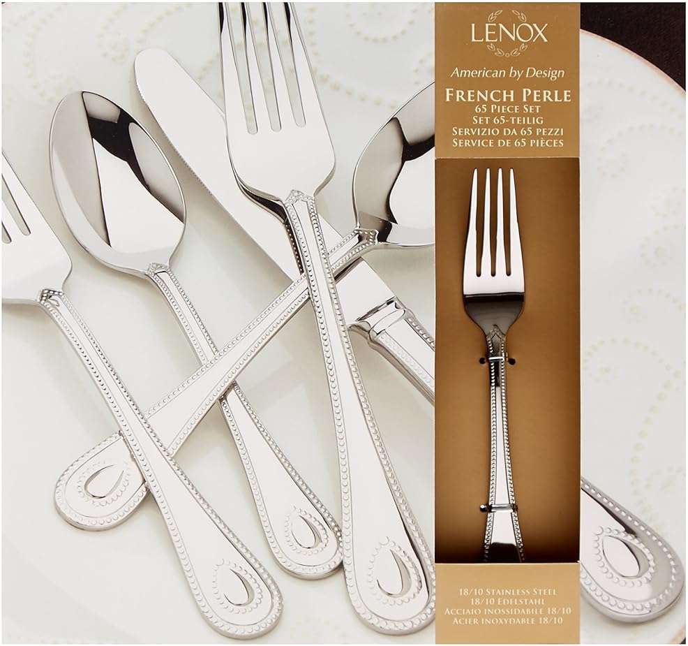 Lenox Silverware Set For 12, French Perle 65-Piece Flatware Set with Serving Utensils, Service For 12, Elegant 18/10 Stainless Steel Utensils with Beading, Knives Spoons & Forks (Silver, 65 Piece) - Image 4