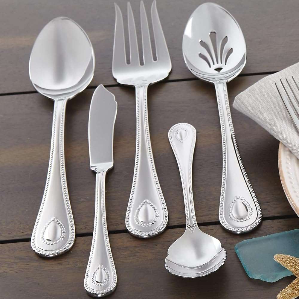 Lenox Silverware Set For 12, French Perle 65-Piece Flatware Set with Serving Utensils, Service For 12, Elegant 18/10 Stainless Steel Utensils with Beading, Knives Spoons & Forks (Silver, 65 Piece) - Image 7