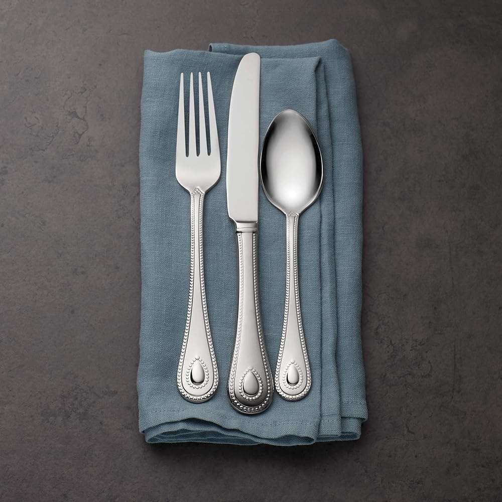 Lenox Silverware Set For 12, French Perle 65-Piece Flatware Set with Serving Utensils, Service For 12, Elegant 18/10 Stainless Steel Utensils with Beading, Knives Spoons & Forks (Silver, 65 Piece) - Image 9
