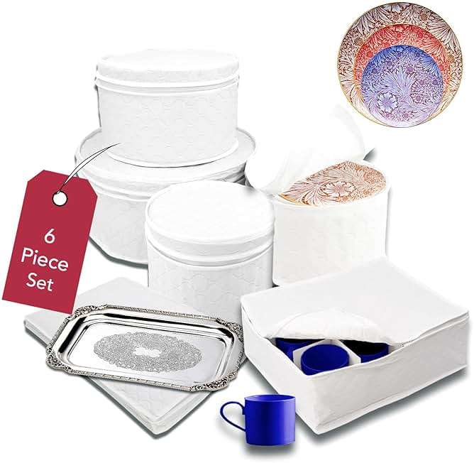 LAMINET 6 Piece Quilted Dinnerware Storage Starter Set - Includes 4 Plate Cases, 1 Cup Case & Platter Case - WHITE - Image 3