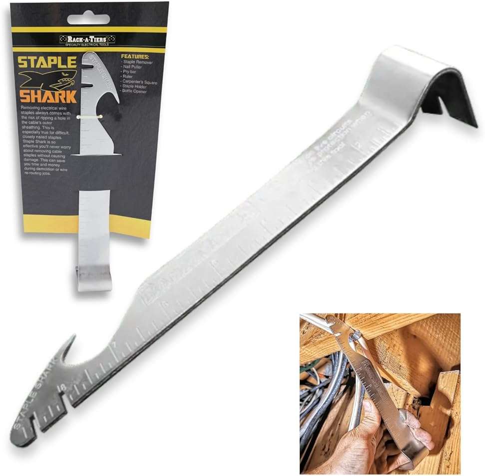 Rack-A-Tiers Staple Shark - Multi-Purpose Staple Puller & Prybar, Electrical Wire Staple Remover, Nail Puller, Speed Square (52455) - Image 1