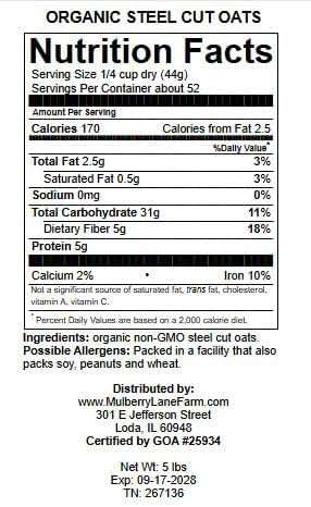 Steel Cut Oats (Steelcut) 5 Pounds (Oat Groats, Irish Oatmeal), USDA Certified Organic, Non-GMO, Bulk, Mulberry Lane Farms - Image 2