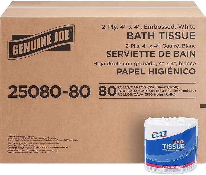 Genuine Joe Standard Bath Tissue, 4" x 4", 2-Ply, 550 Sheets/Roll, 80 Count - Image 1