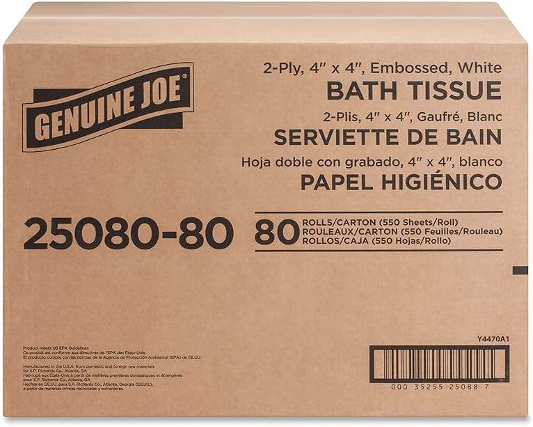 Genuine Joe Standard Bath Tissue, 4" x 4", 2-Ply, 550 Sheets/Roll, 80 Count - Image 10