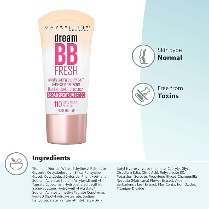Maybelline Dream Fresh Skin Hydrating BB cream, 8-in-1 Skin Perfecting Beauty Balm with Broad Spectrum SPF 30, Sheer Tint Coverage, Oil-Free, Light/Medium, 1 Fl Oz - Image 11