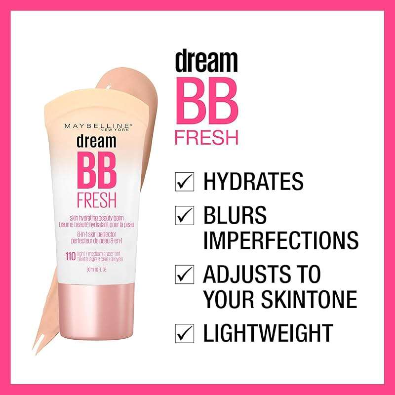 Maybelline Dream Fresh Skin Hydrating BB cream, 8-in-1 Skin Perfecting Beauty Balm with Broad Spectrum SPF 30, Sheer Tint Coverage, Oil-Free, Light/Medium, 1 Fl Oz - Image 5
