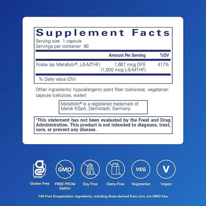 Pure Encapsulations Folate 1000 - Metafolin L-5-MTHF - Heart Health Supplement* - Folate Supplement - Non-GMO & Gluten Free - 90 Capsules - Image 2