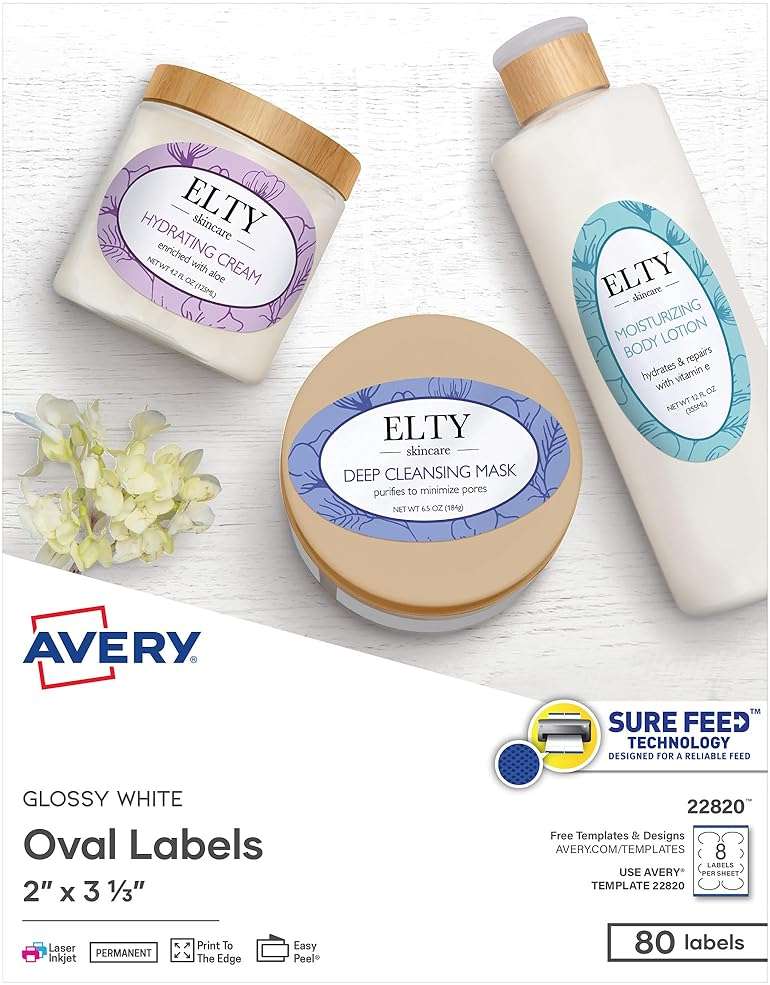 Avery Printable Oval Labels, 2" x 3-1/3", Glossy White, Laser & Inkjet Compatible, 80 Blank Labels Total, Great for Mailing, Branding, Packaging, and More (22820) - Image 1