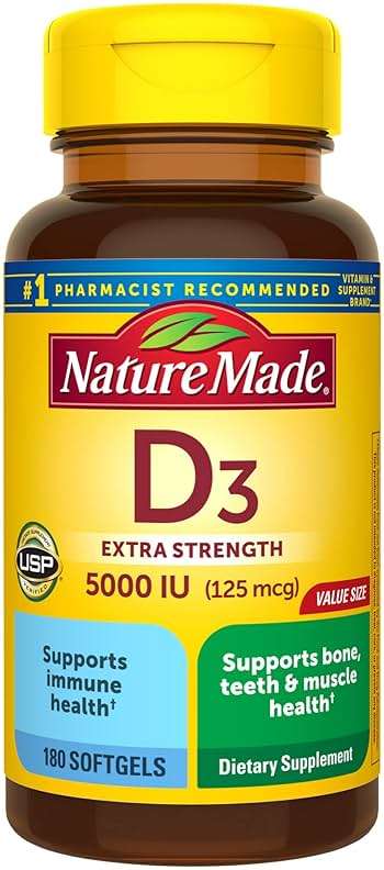 Nature Made Vitamin D3 5000 IU (125 mcg) Softgels, Extra Strength Vitamin D Supplement for Bone and Immune Health Support, 180 Count, 180 Day Supply - Image 1