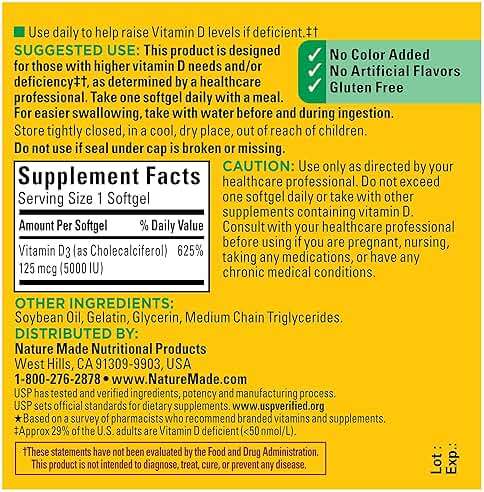 Nature Made Vitamin D3 5000 IU (125 mcg) Softgels, Extra Strength Vitamin D Supplement for Bone and Immune Health Support, 180 Count, 180 Day Supply - Image 5