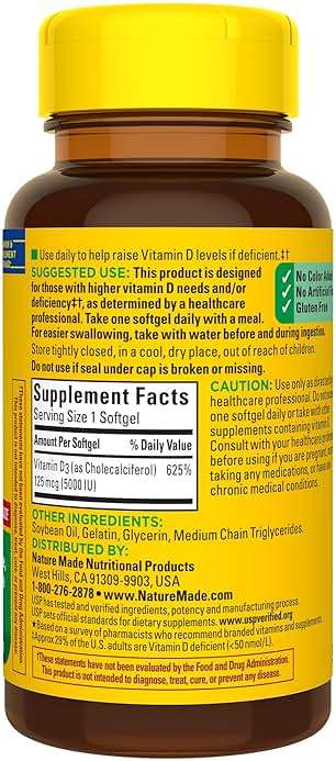 Nature Made Vitamin D3 5000 IU (125 mcg) Softgels, Extra Strength Vitamin D Supplement for Bone and Immune Health Support, 180 Count, 180 Day Supply - Image 8