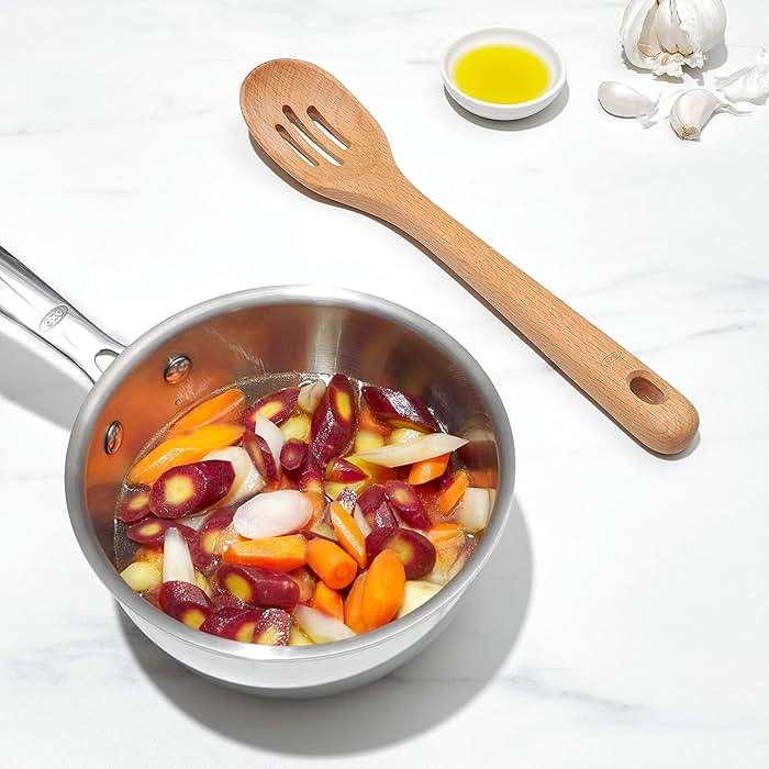 OXO Good Grips 3‑Piece Wooden Utensil Set, Solid Beachwood Spoon, Slotted Spoon and Turner - Image 2