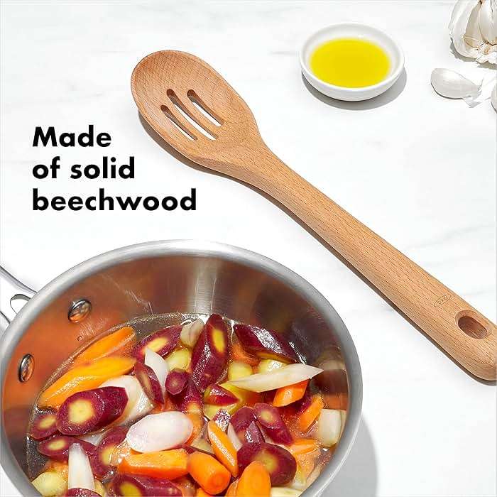 OXO Good Grips 3‑Piece Wooden Utensil Set, Solid Beachwood Spoon, Slotted Spoon and Turner - Image 4