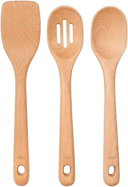 OXO Good Grips 3‑Piece Wooden Utensil Set, Solid Beachwood Spoon, Slotted Spoon and Turner - Image 8