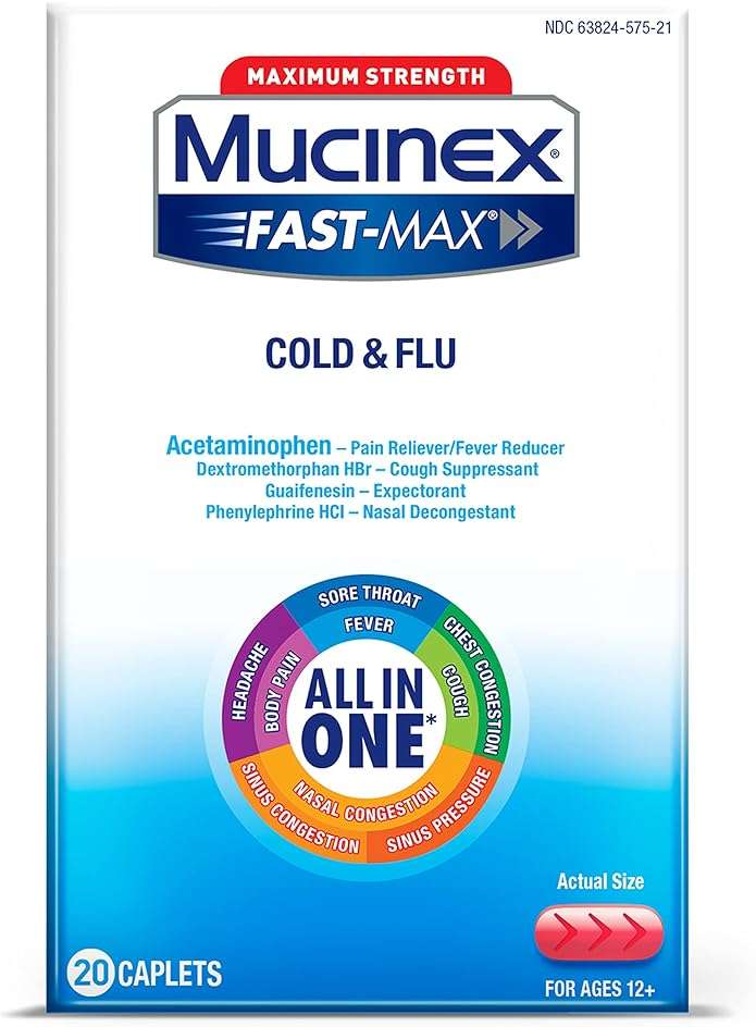Mucinex Fast-Max Max Strength Cold and Flu Medicine for Adults, Daytime Cold Medicine, Over-The-Counter Medication with Acetaminophen, Dextromethorphan HBr, Guaifenesin, Phenylephrine HCl, 20 Caplets - Image 1