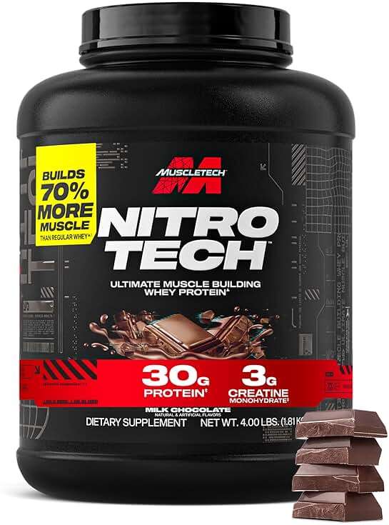 Muscletech Whey Protein Powder (Milk Chocolate, 4 Pound) - Nitro-Tech Ultimate Muscle Building Formula with Whey Protein Isolate - 30g of Protein, 3g of Creatine & 6.8g of BCAA - Packaging May Vary - Image 1