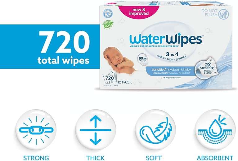 WaterWipes Sensitive+ Newborn & Baby Wipes, 3-In-1 Cleans, Cares, Protects, 99.9% Water, Unscented & Hypoallergenic, 720 Count (12 Packs) - Image 2
