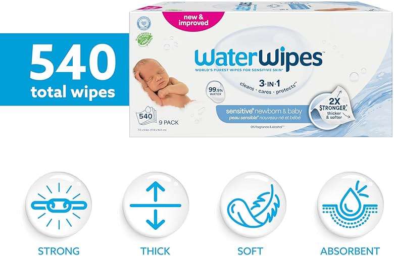 WaterWipes Sensitive+ Newborn & Baby Wipes, 3-In-1 Cleans, Cares, Protects, 99.9% Water, Unscented & Hypoallergenic, 540 Count (9 Packs) - Image 2