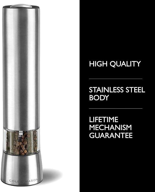 Cole & Mason Hampstead Electronic Pepper Mill - Electric Pepper Grinder Set - Adjustable Electric Spice Grinder - Hand Wash - Stainless Steel - Image 3
