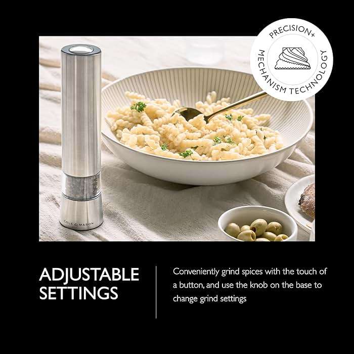 Cole & Mason Hampstead Electronic Pepper Mill - Electric Pepper Grinder Set - Adjustable Electric Spice Grinder - Hand Wash - Stainless Steel - Image 4