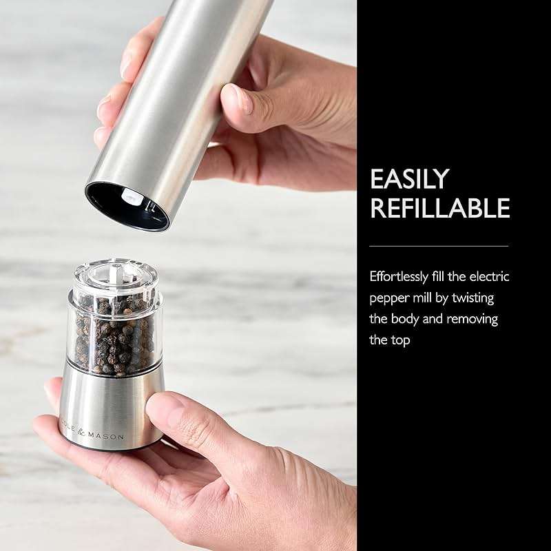 Cole & Mason Hampstead Electronic Pepper Mill - Electric Pepper Grinder Set - Adjustable Electric Spice Grinder - Hand Wash - Stainless Steel - Image 6