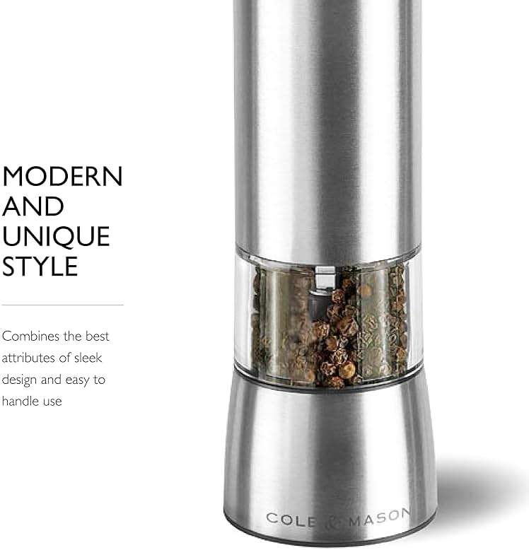 Cole & Mason Hampstead Electronic Pepper Mill - Electric Pepper Grinder Set - Adjustable Electric Spice Grinder - Hand Wash - Stainless Steel - Image 7