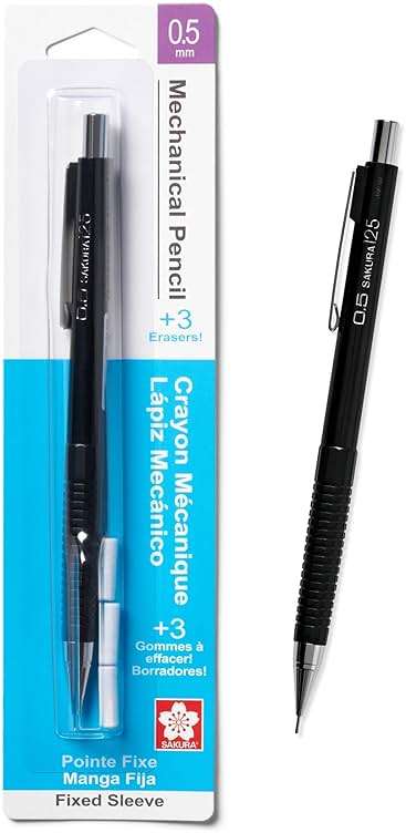 SAKURA 50297 Mechanical Pencil Fixed Sleeve 0.5-mm with 3 Erasers, Black - Image 1