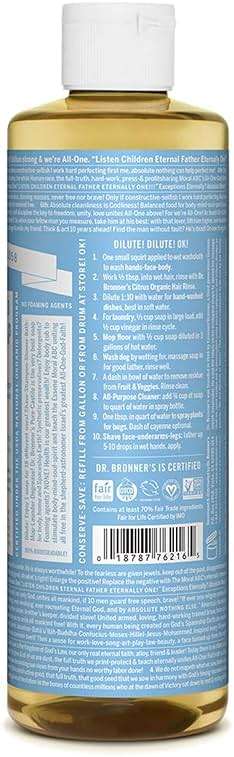 Dr. Bronner's Pure-Castile Magic Soap Liquid (Baby Unscented, 16oz) – Made with Regenerative Organic Certified Oils- For Sensitive Skin, Babies, Face, Hair, Laundry, Dishes, Hand Soap & Body Wash - Image 2
