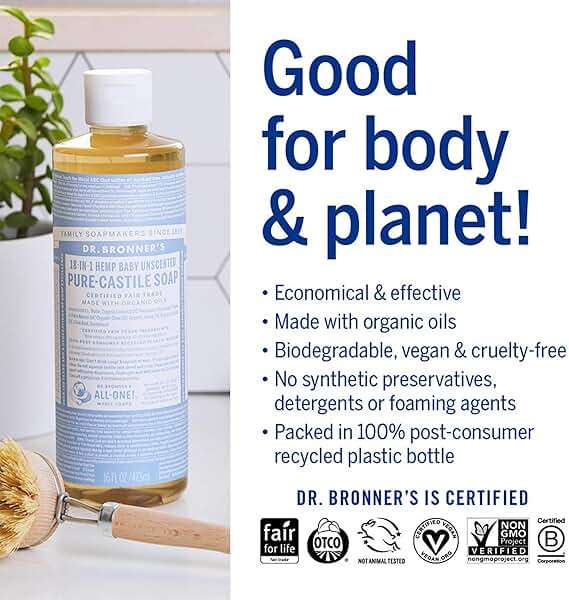 Dr. Bronner's Pure-Castile Magic Soap Liquid (Baby Unscented, 16oz) – Made with Regenerative Organic Certified Oils- For Sensitive Skin, Babies, Face, Hair, Laundry, Dishes, Hand Soap & Body Wash - Image 4