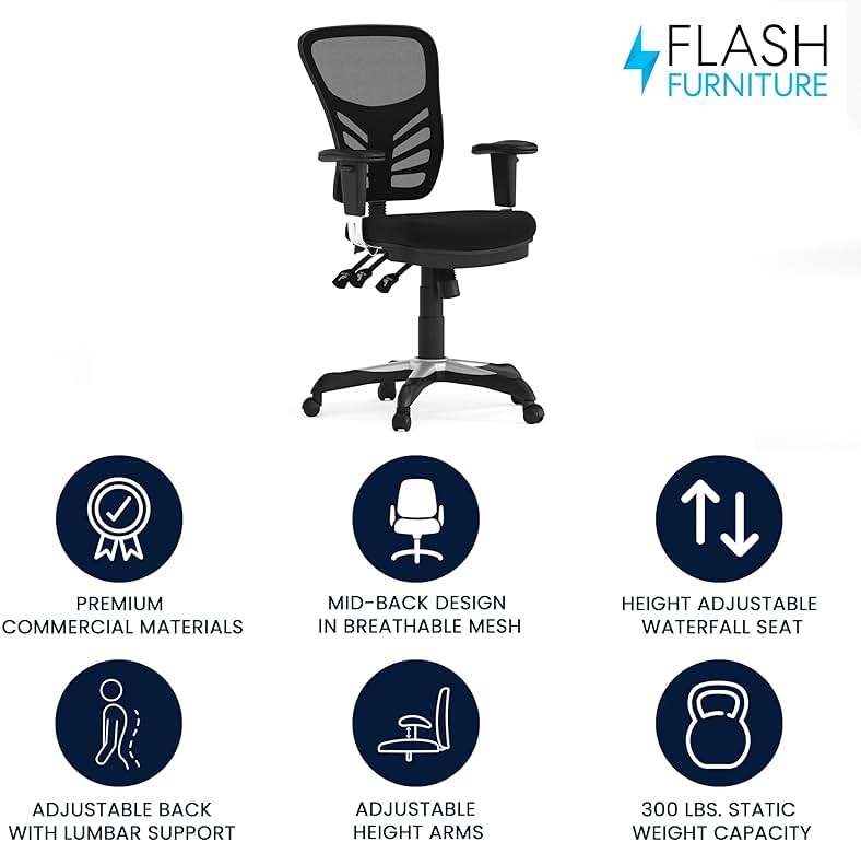 Flash Furniture Nicholas Mid-Back Swivel Desk Chair with Wheels, Mesh Back, Padded Seat, and Armrests, Adjustable Height Mesh Ergonomic Office Chair, Black - Image 4
