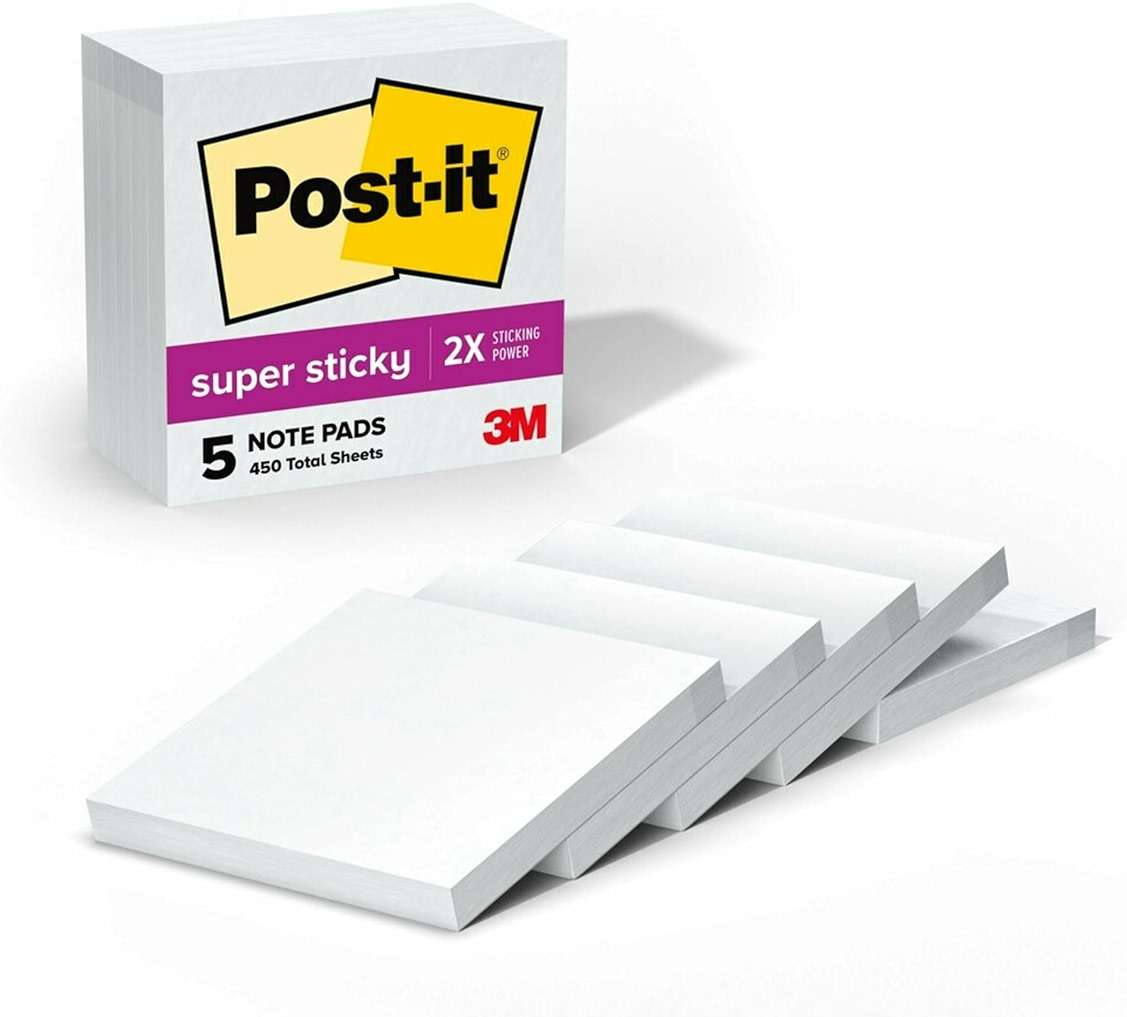Post-it Super Sticky Notes, 5 Sticky Note Pads, 3 x 3 in., School Supplies, Office Products, for Vertical Surfaces, Monitors, Walls and Windows, First Snow White - Image 1