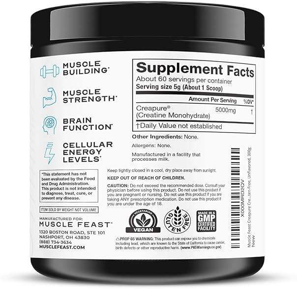 Muscle Feast Creapure Creatine Monohydrate Powder, Vegan Keto Friendly Gluten-Free, Mass Gainer, Muscle Recovery Supplement and Trusted Creatine for Muscle Growth, Creatine Powder, Unflavored, 300g - Image 9