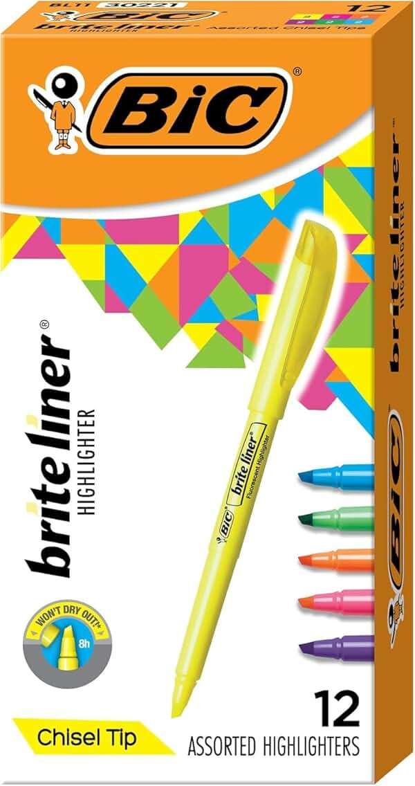 BIC Brite Liner Highlighters, Chisel Tip, School Supplies for Students and Teachers, Ideal for Notes and Textbooks, 12-Count Pack in Assorted Colors - Image 1