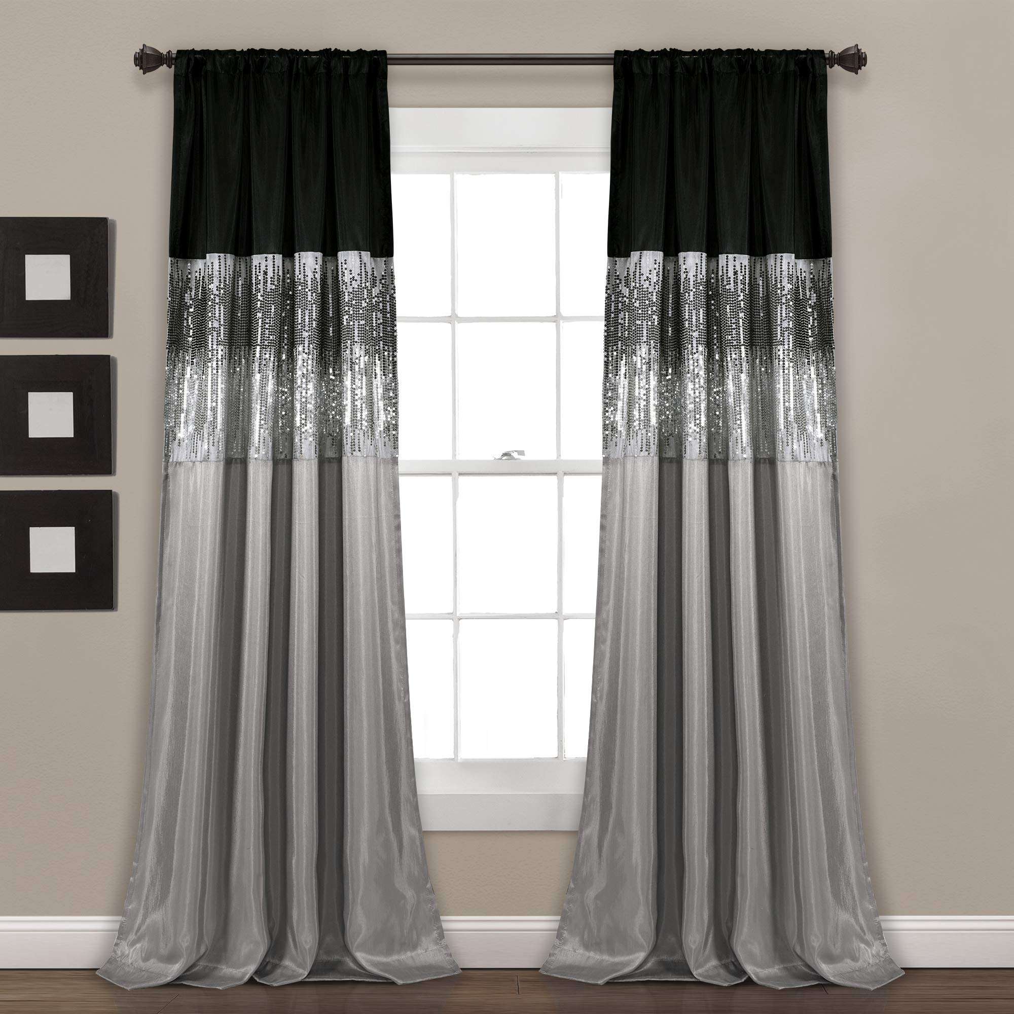 Lush Decor Night Sky Window Curtain Panel, Single 42"W x 84"L Black & Gray - Sequin Backdrop Curtain - Room Darkening Curtains For Bedroom - Glam Decor - Image 1