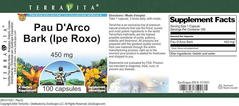 PAU D'Arco Bark (Ipe Roxo) - 450 mg (100 Capsules, ZIN: 511531) - Image 3