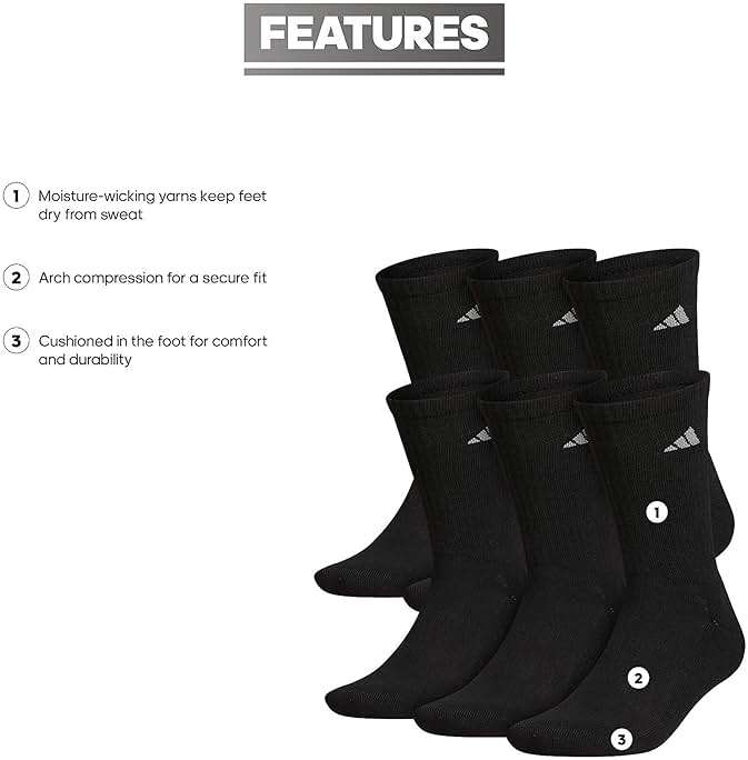 adidas Men's Athletic Cushioned Crew Socks (6 Pairs) Durable & Comfortable - Image 2