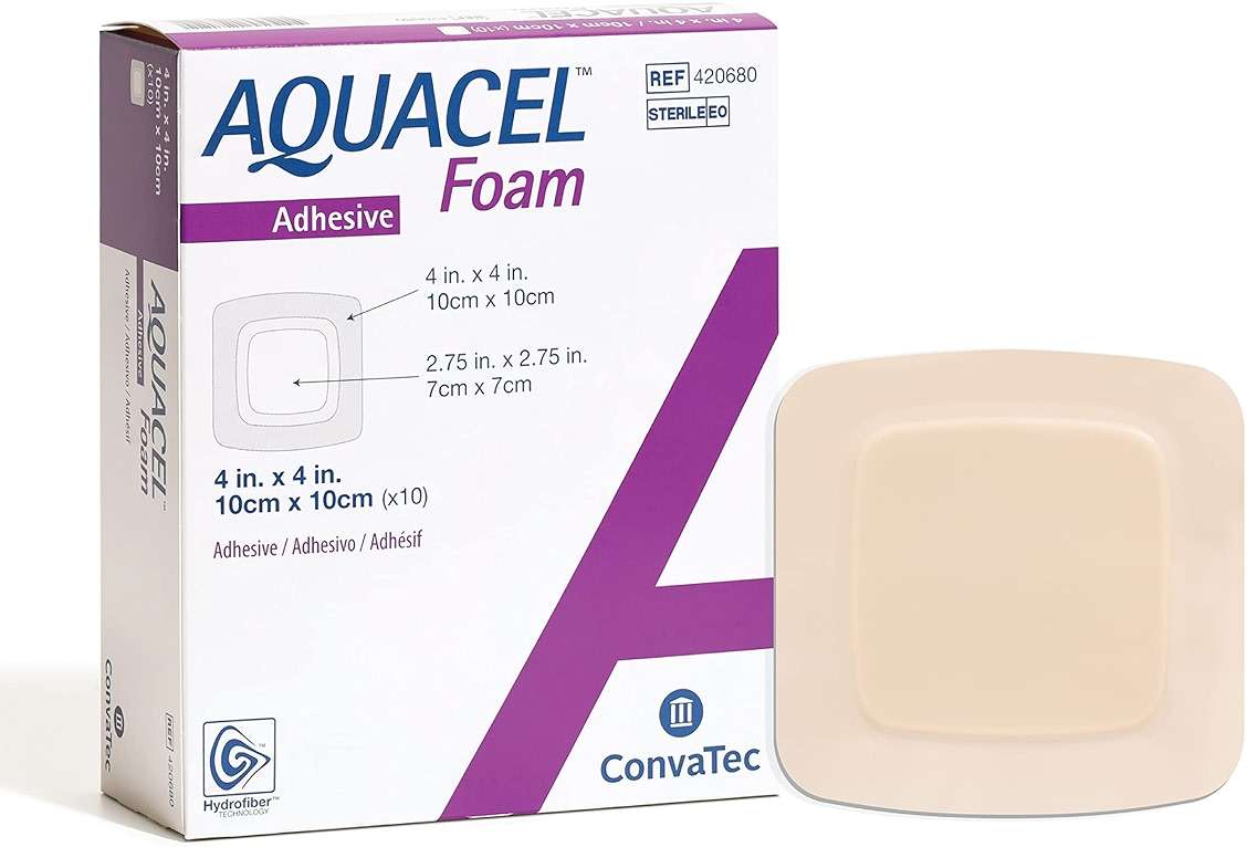 ConvaTec AQUACEL Foam 4"x4" Wound Dressing with Silicone Gel Adhesive, Waterproof, Flexible, Medical Grade with Hydrofiber Technology, Sterile, Square, 10ct Box - Image 1