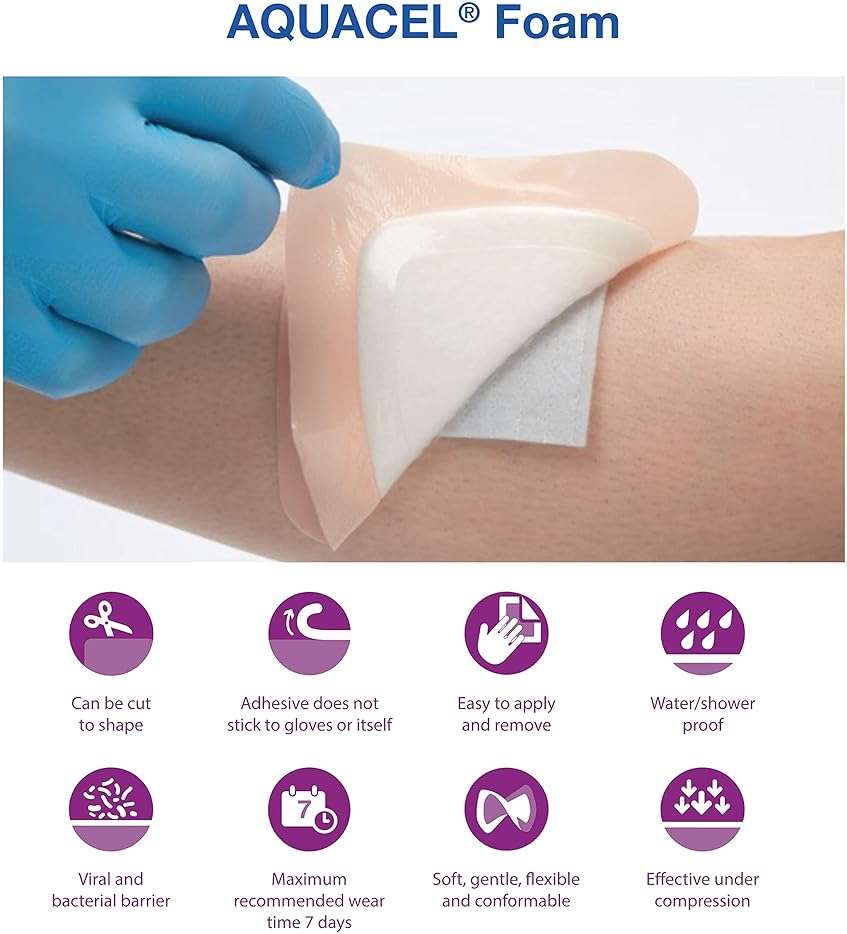 ConvaTec AQUACEL Foam 4"x4" Wound Dressing with Silicone Gel Adhesive, Waterproof, Flexible, Medical Grade with Hydrofiber Technology, Sterile, Square, 10ct Box - Image 5