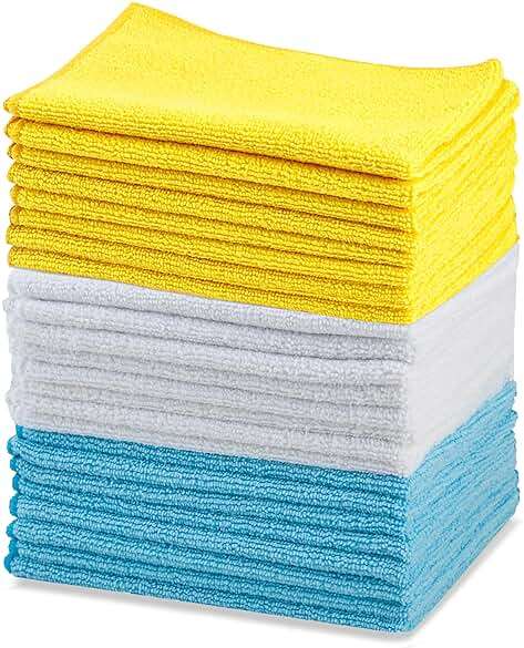 Amazon Basics Microfiber Cleaning Cloths, Ultra Absorbent, Lint Free, Streak Free, Non-Abrasive, Reusable and Washable, 16" x 12", Blue/White/Yellow, Pack of 24 - Image 1