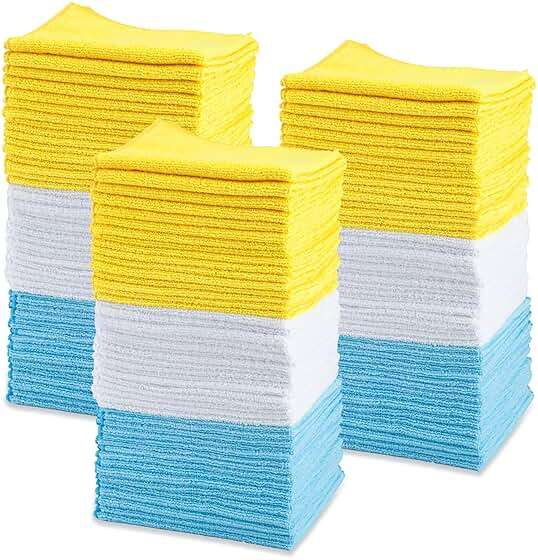 Amazon Basics Microfiber Cleaning Cloths for Cars, Non-Abrasive, Highly Absorbent, Lint and Scratch-Free, Reusable and Washable, Car Detailing Towels, 16" x 12", Blue/White/Yellow, 144-Pack - Image 2