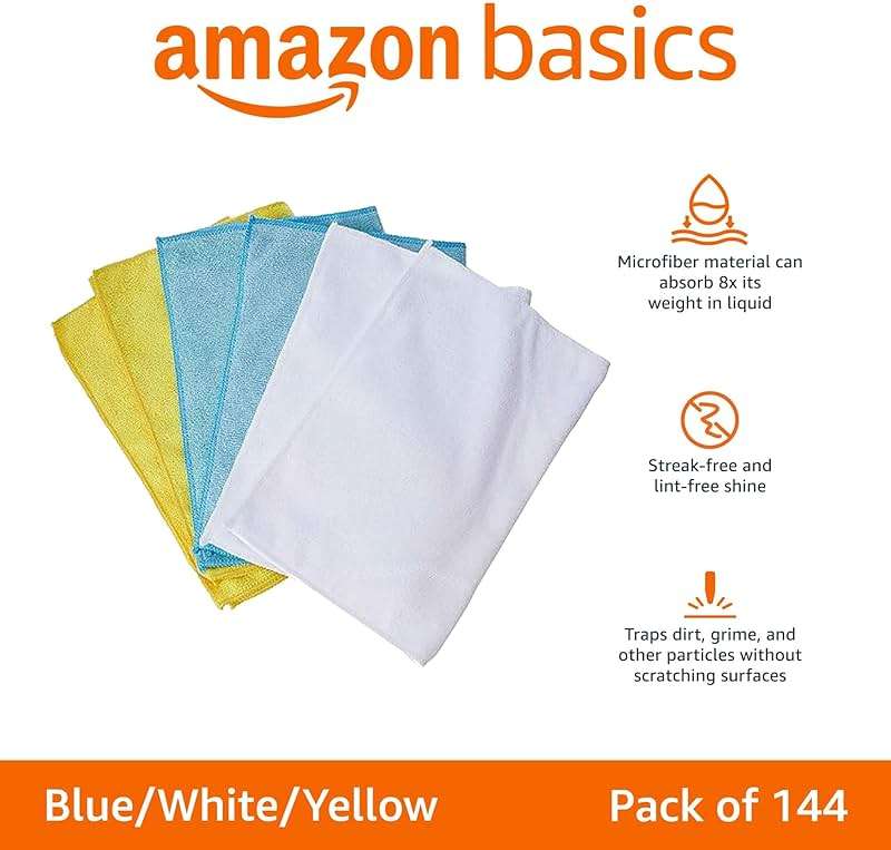 Amazon Basics Microfiber Cleaning Cloths for Cars, Non-Abrasive, Highly Absorbent, Lint and Scratch-Free, Reusable and Washable, Car Detailing Towels, 16" x 12", Blue/White/Yellow, 144-Pack - Image 3