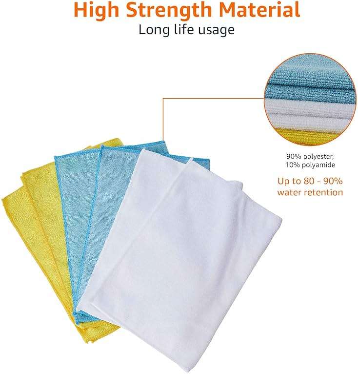 Amazon Basics Microfiber Cleaning Cloths for Cars, Non-Abrasive, Highly Absorbent, Lint and Scratch-Free, Reusable and Washable, Car Detailing Towels, 16" x 12", Blue/White/Yellow, 144-Pack - Image 5