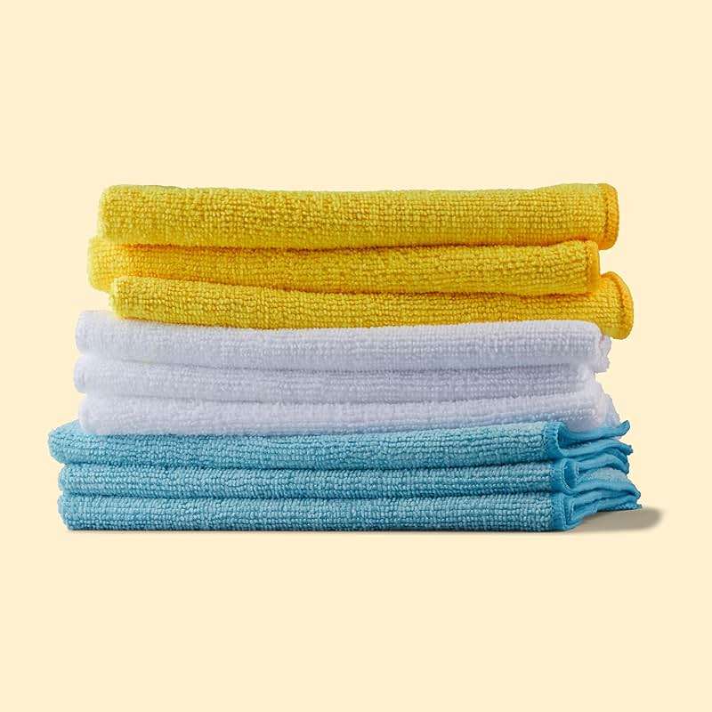Amazon Basics Microfiber Cleaning Cloths for Cars, Non-Abrasive, Highly Absorbent, Lint and Scratch-Free, Reusable and Washable, Car Detailing Towels, 16" x 12", Blue/White/Yellow, 144-Pack - Image 9