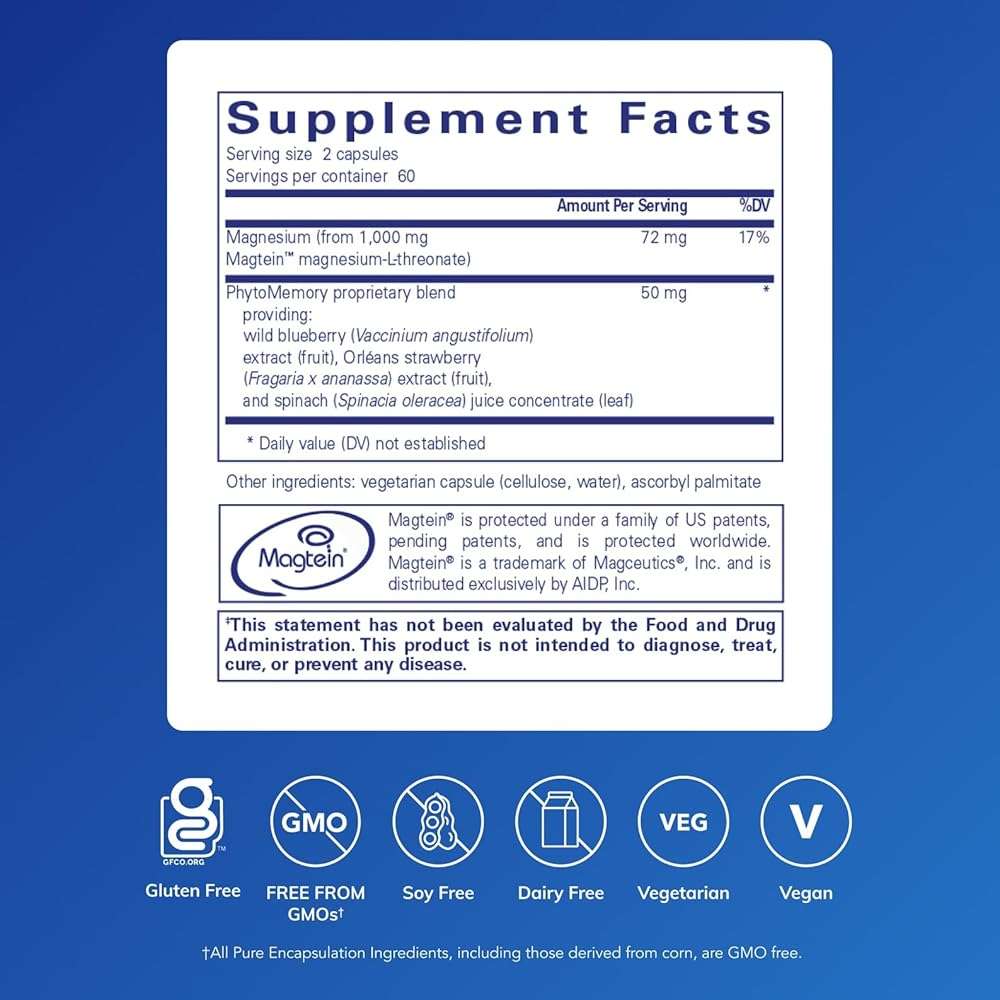 Pure Encapsulations CogniMag 120's - Magnesium-L-Threonate Supplement - Supports Brain Health & Memory* - Includes Magtein & Polyphenol Blend - 120 Capsules - Image 2