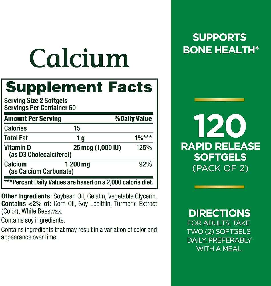 Nature's Bounty Calcium 1200 mg with Vitamin D3 - Bone Health Softgels, Calcium and Vitamin D Supplement, 120 Ct (2-Pack) - Image 2