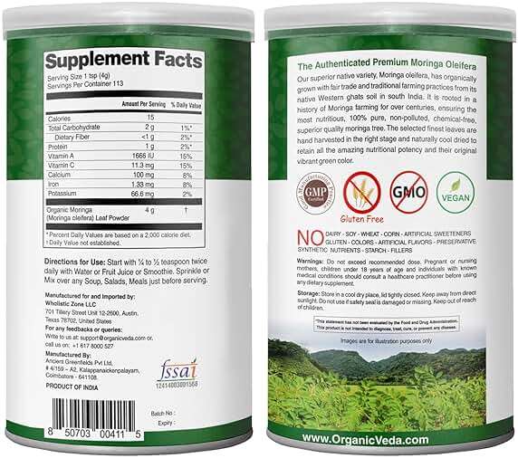Organic Veda Moringa Powder - Premium Harvest Real Green Native Moringa Oleifera, Vitamins & Antioxidant Rich Leaves - USDA Organic, Gentle Dried Drumstick Leaf Powder (16 oz (Pack of 1)) - Image 2