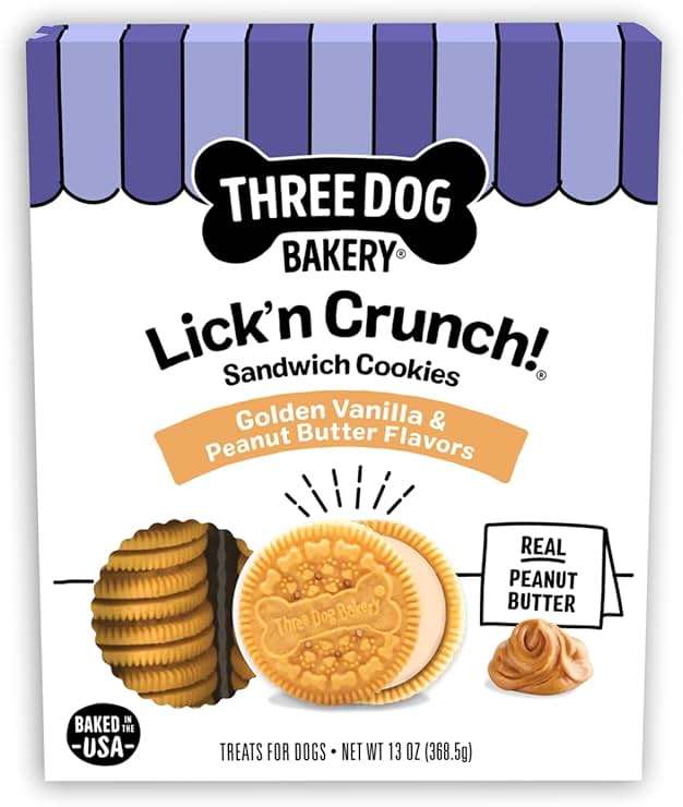 Three Dog Bakery Lick'n Crunch! Golden & Peanut Butter Dog Sandwich Cookies - Crunchy Vanilla & Creamy Peanut Butter Flavored Dog Treats, Cookies for Dogs, Dog Birthday Cookies, Dog Training Treats - Image 1